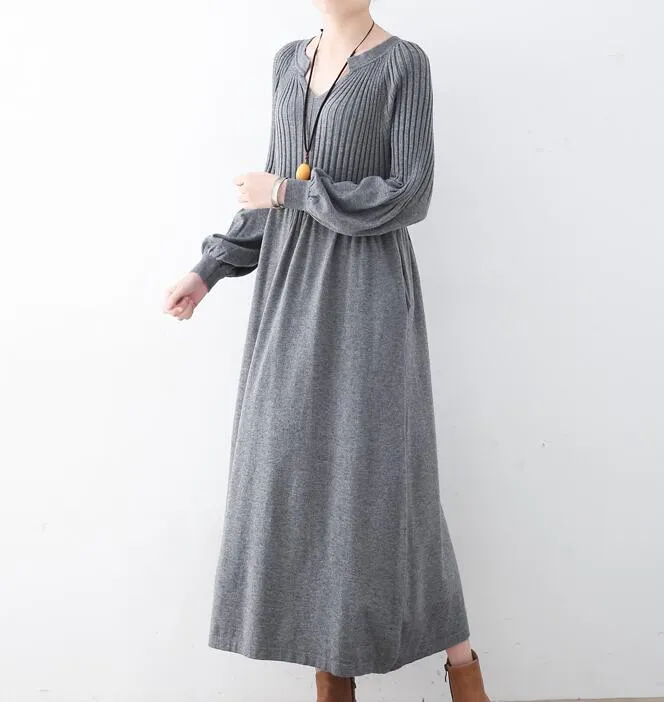 High Collar Loose Cotton Knit Long Dresses Plus Size AMT962328