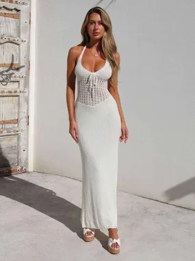 Hollow Knit Halter Backless Long Dresses White Crochet Beach Vacation Outfits for Women Elegant Summer Dress C83-DC35