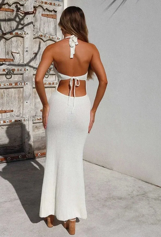 Hollow Knit Halter Backless Long Dresses White Crochet Beach Vacation Outfits for Women Elegant Summer Dress C83-DC35