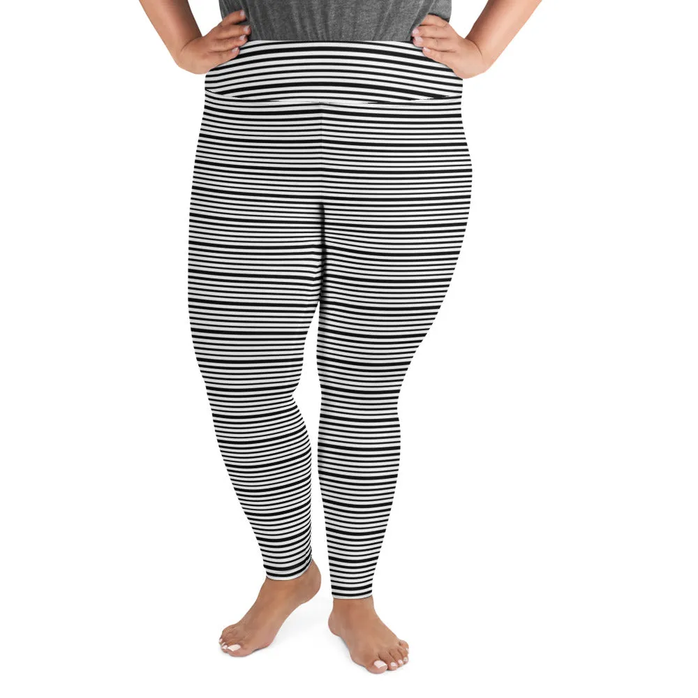 Horizontal Black Striped Long Tights, White Stripe Print Plus Size Leggings Yoga Pants Tights-  Made in USA/ EU