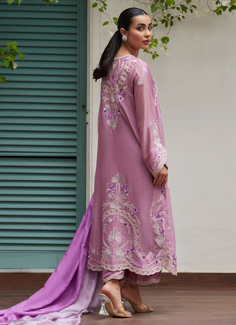 Ivan Mauve Embroidered Cotton Net Shirt with Medium Silk Dupatta