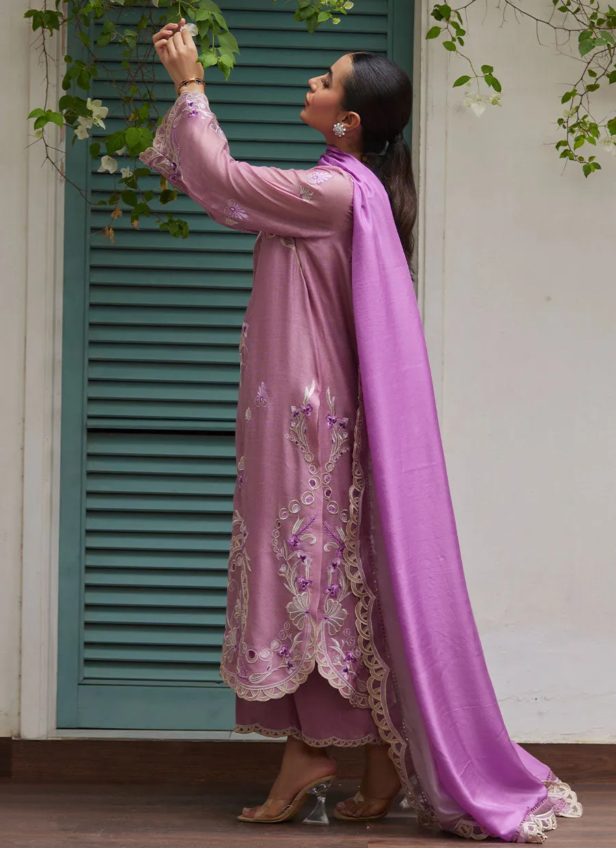 Ivan Mauve Embroidered Cotton Net Shirt with Medium Silk Dupatta