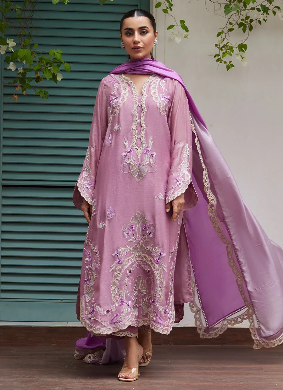 Ivan Mauve Embroidered Cotton Net Shirt with Medium Silk Dupatta