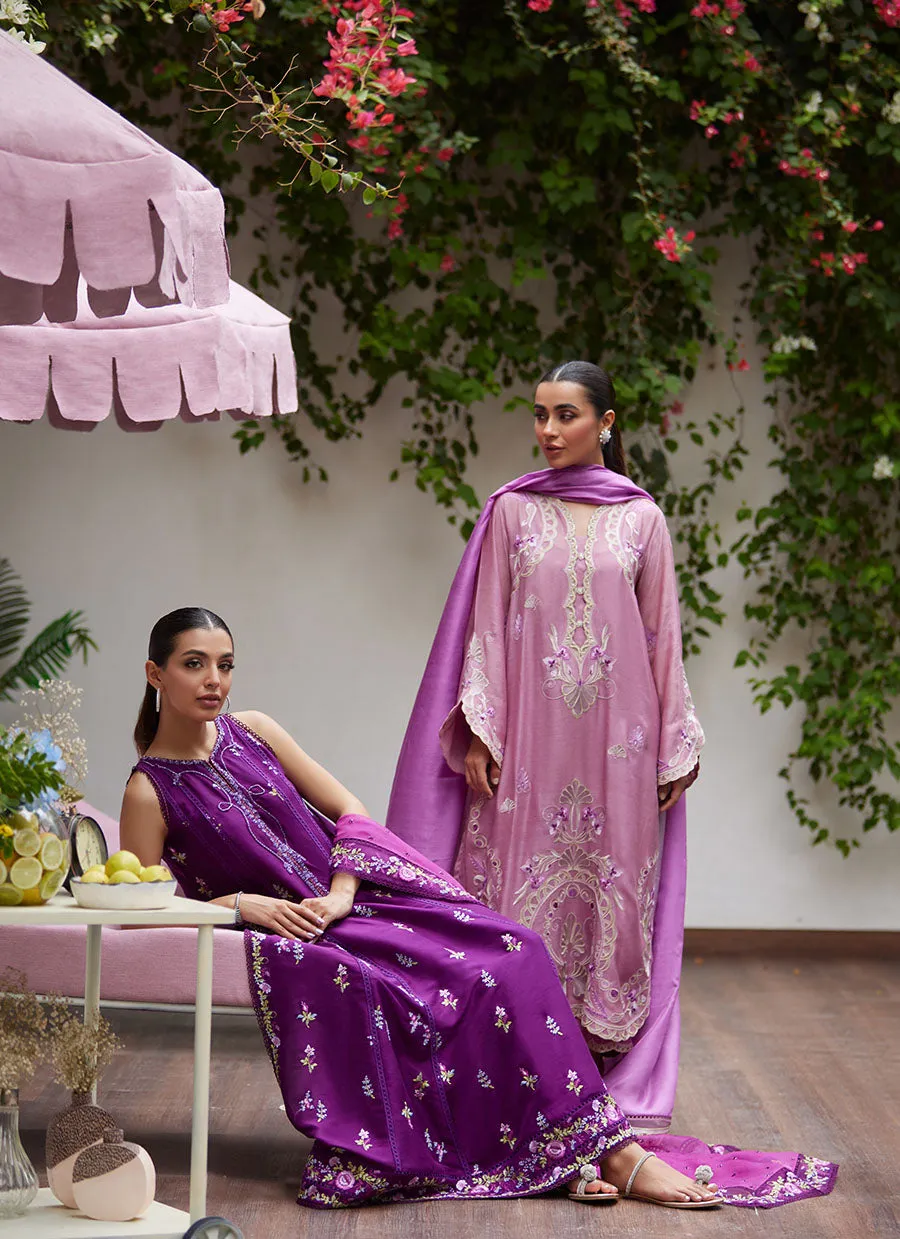 Ivan Mauve Embroidered Cotton Net Shirt with Medium Silk Dupatta