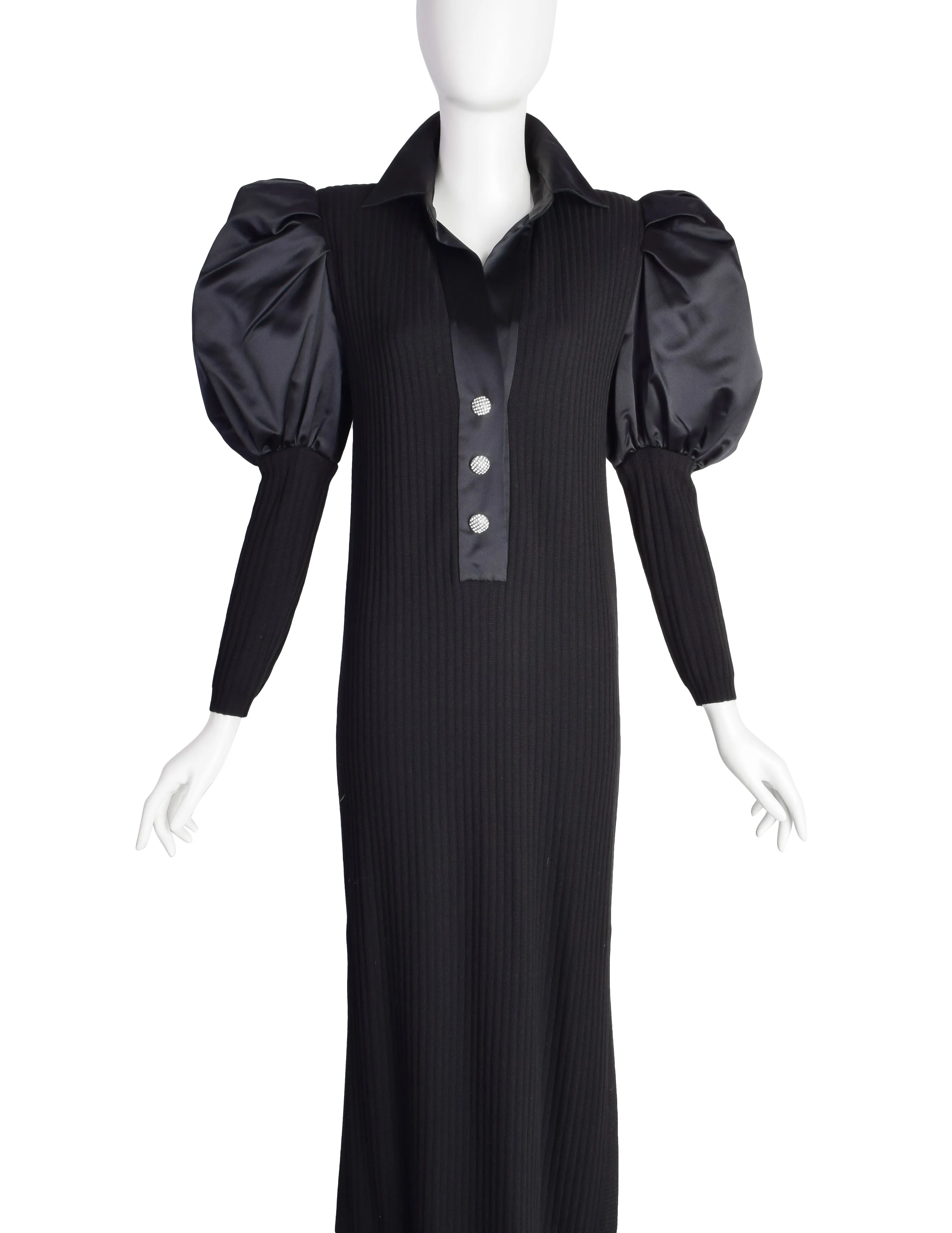 Jacqueline de Ribes Vintage 1980s Black Ribbed Knit Satin Puff Sleeve Dress