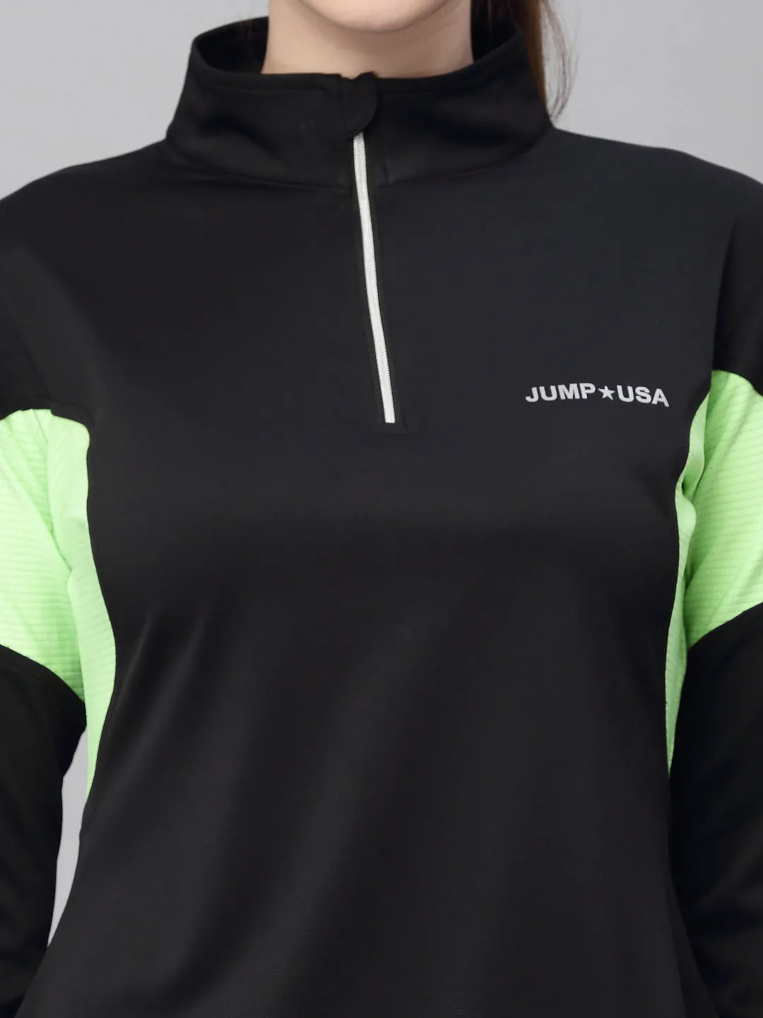 JUMP USA Women Black & Green Solid Rapid-Dry Training T-shirt