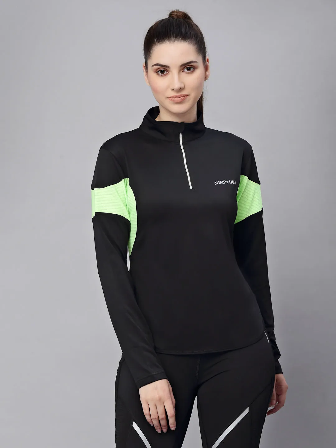 JUMP USA Women Black & Green Solid Rapid-Dry Training T-shirt