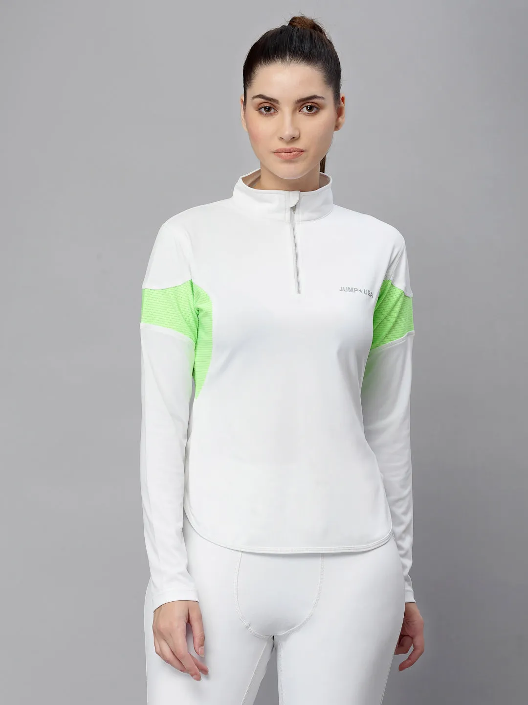 JUMP USA Women White & Green Solid Rapid-Dry Training T-shirt