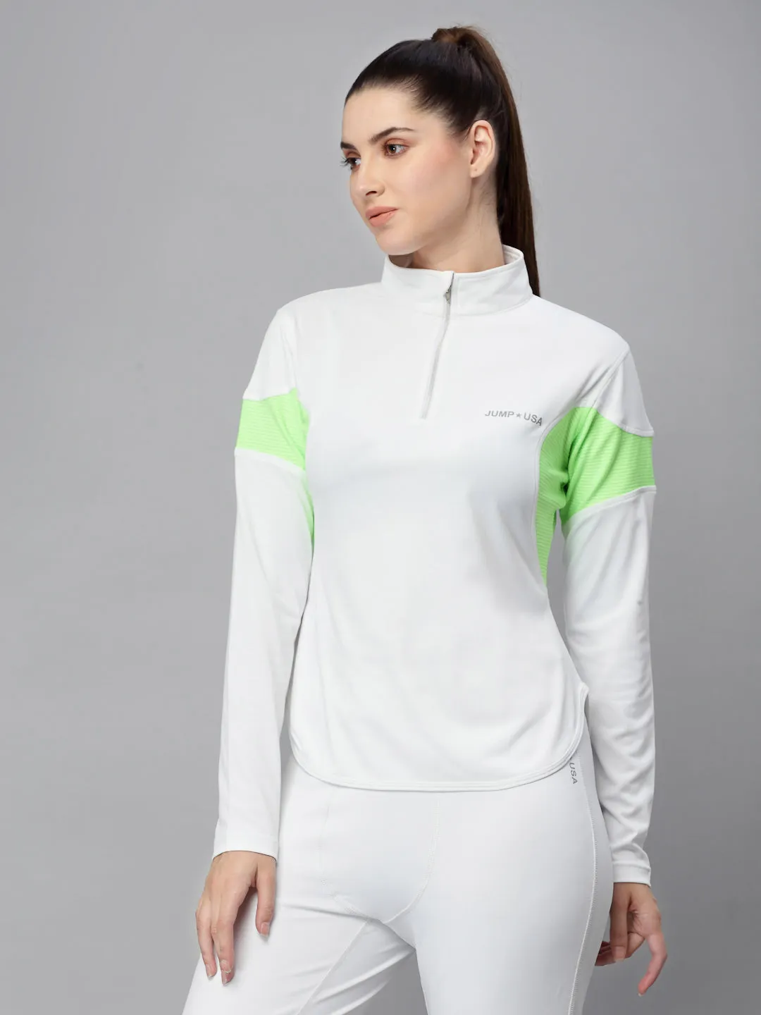 JUMP USA Women White & Green Solid Rapid-Dry Training T-shirt