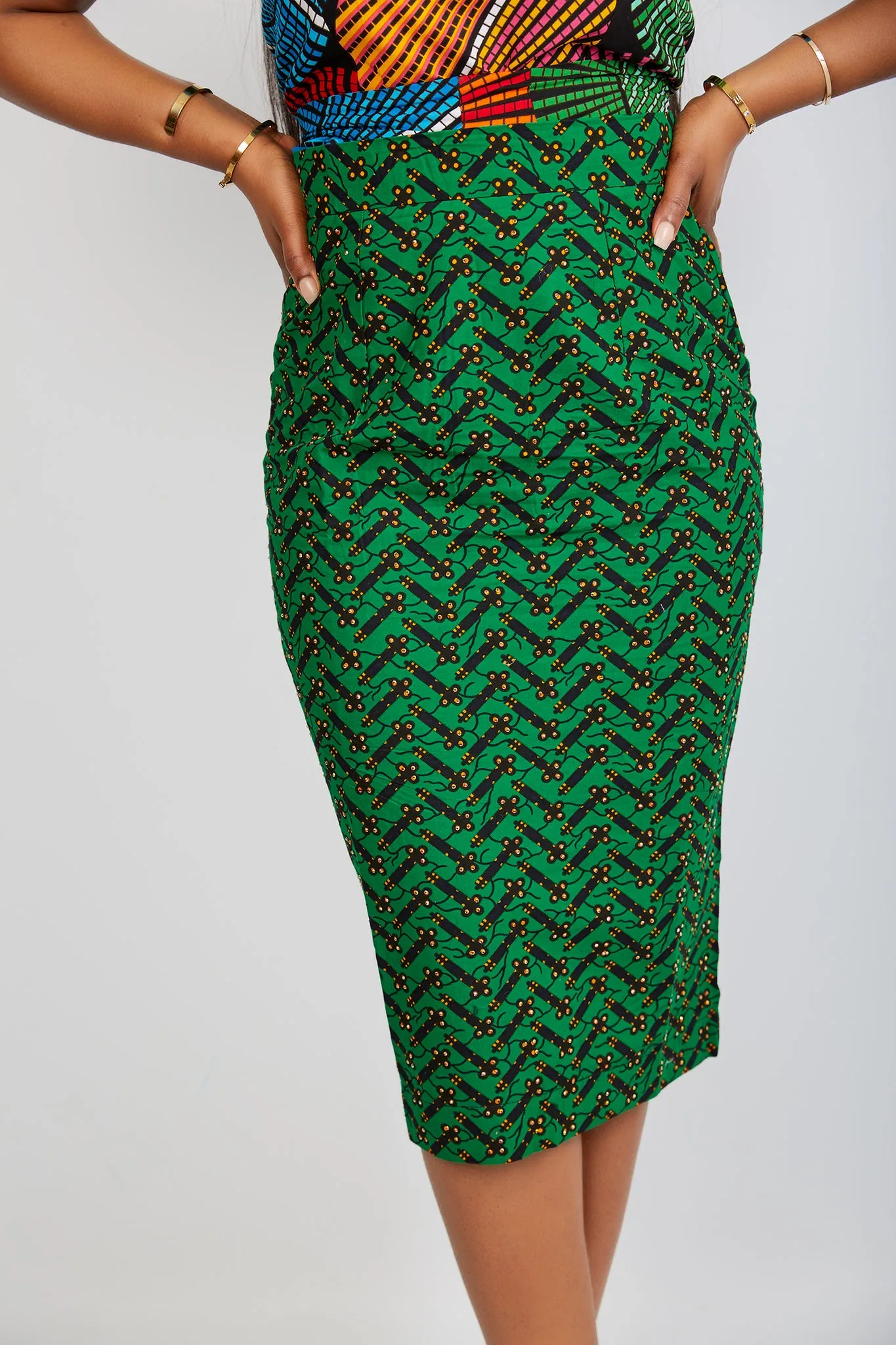 Just Arrived Embellished African Print Pencil Midi Skirt- Sanguri