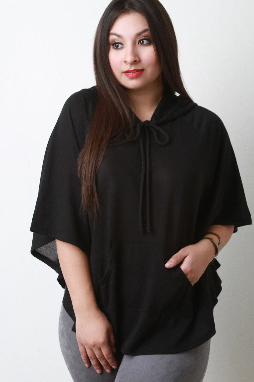 kangaroo pocket Round Hem Hooded Poncho