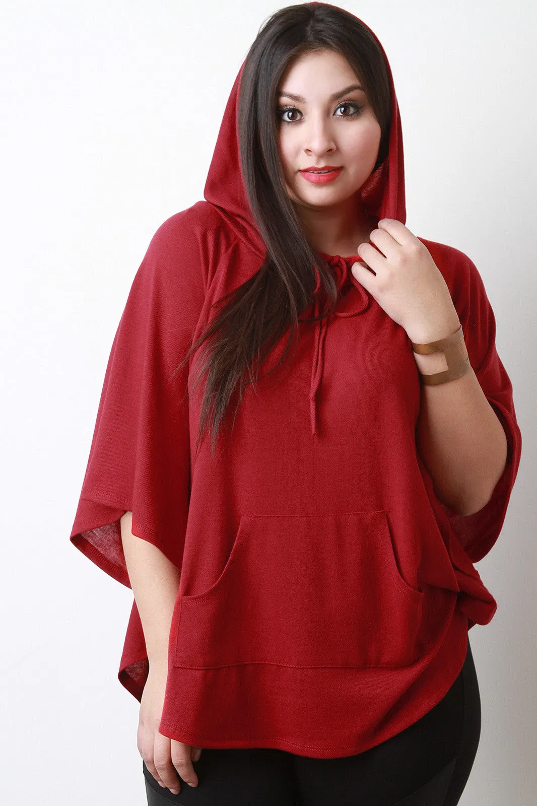 kangaroo pocket Round Hem Hooded Poncho