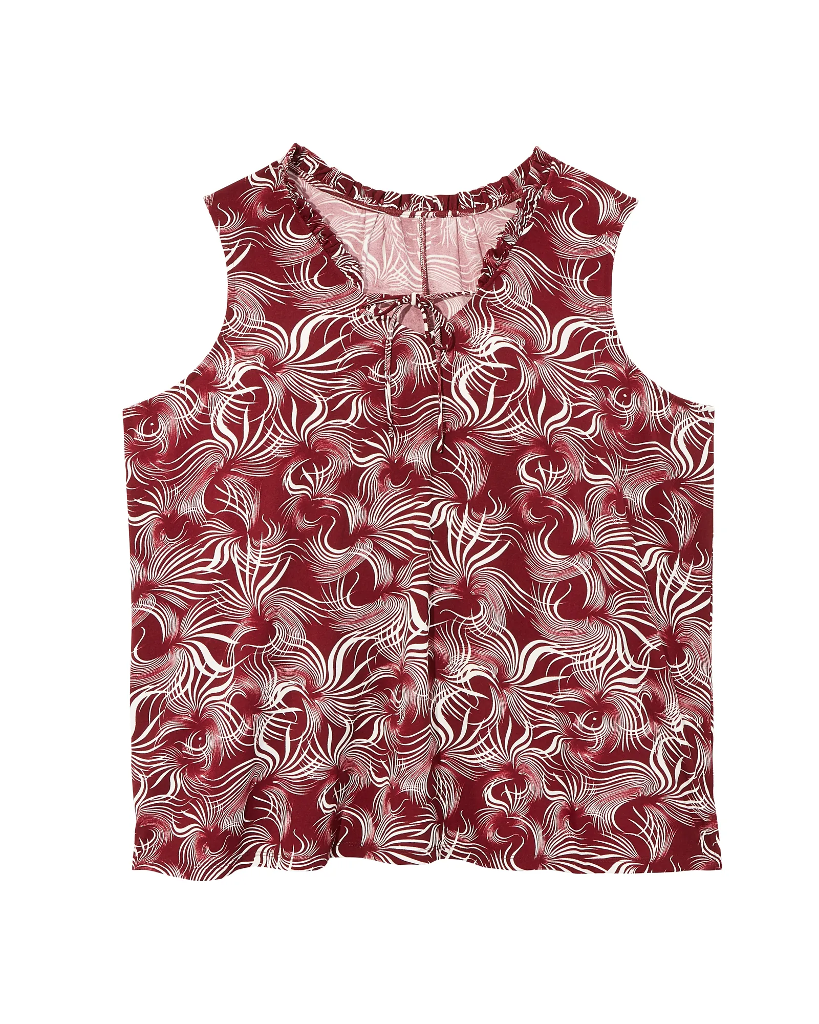 Kay Sleeveless Ruffle Neck Top | Burgundy / White