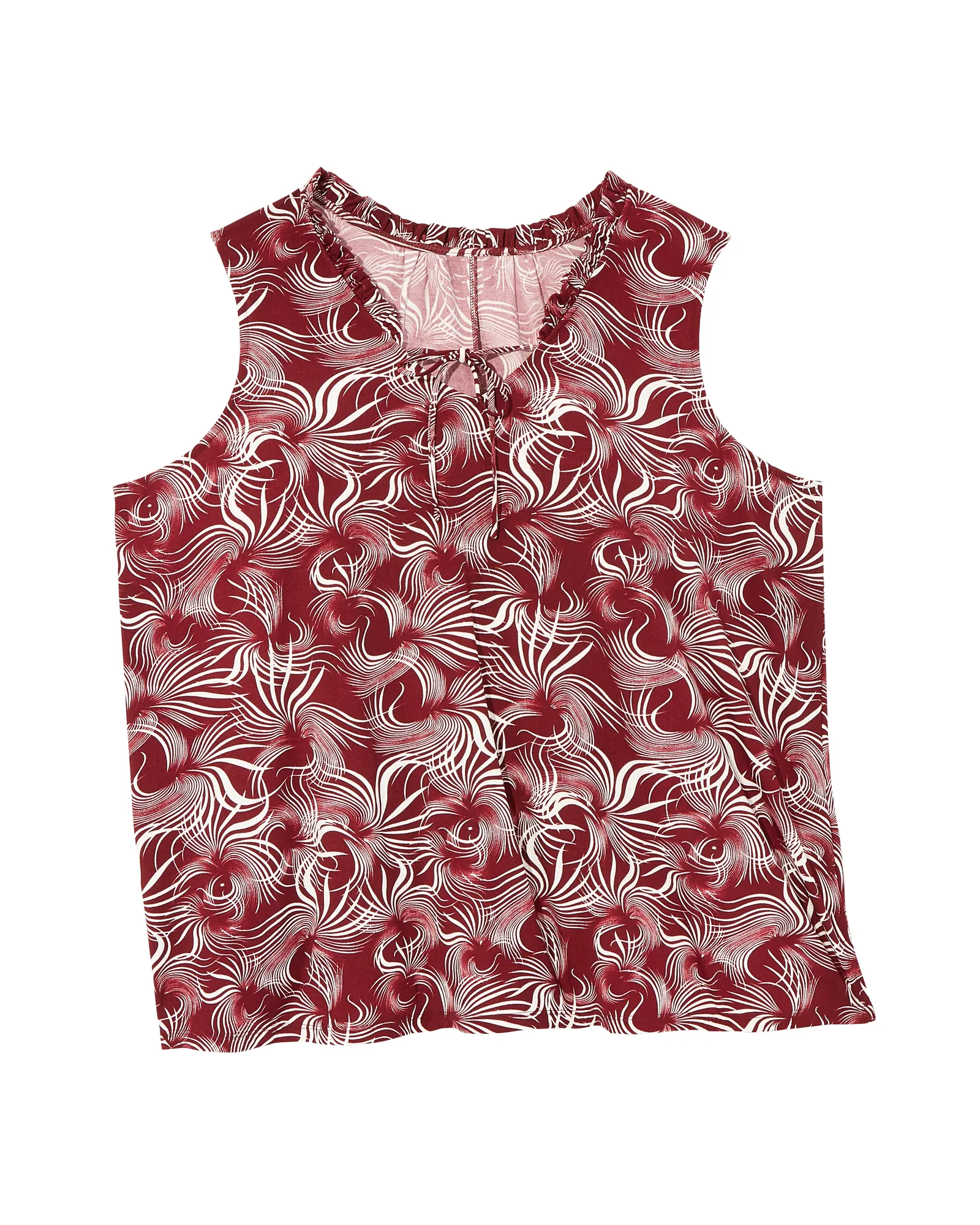 Kay Sleeveless Ruffle Neck Top | Burgundy / White