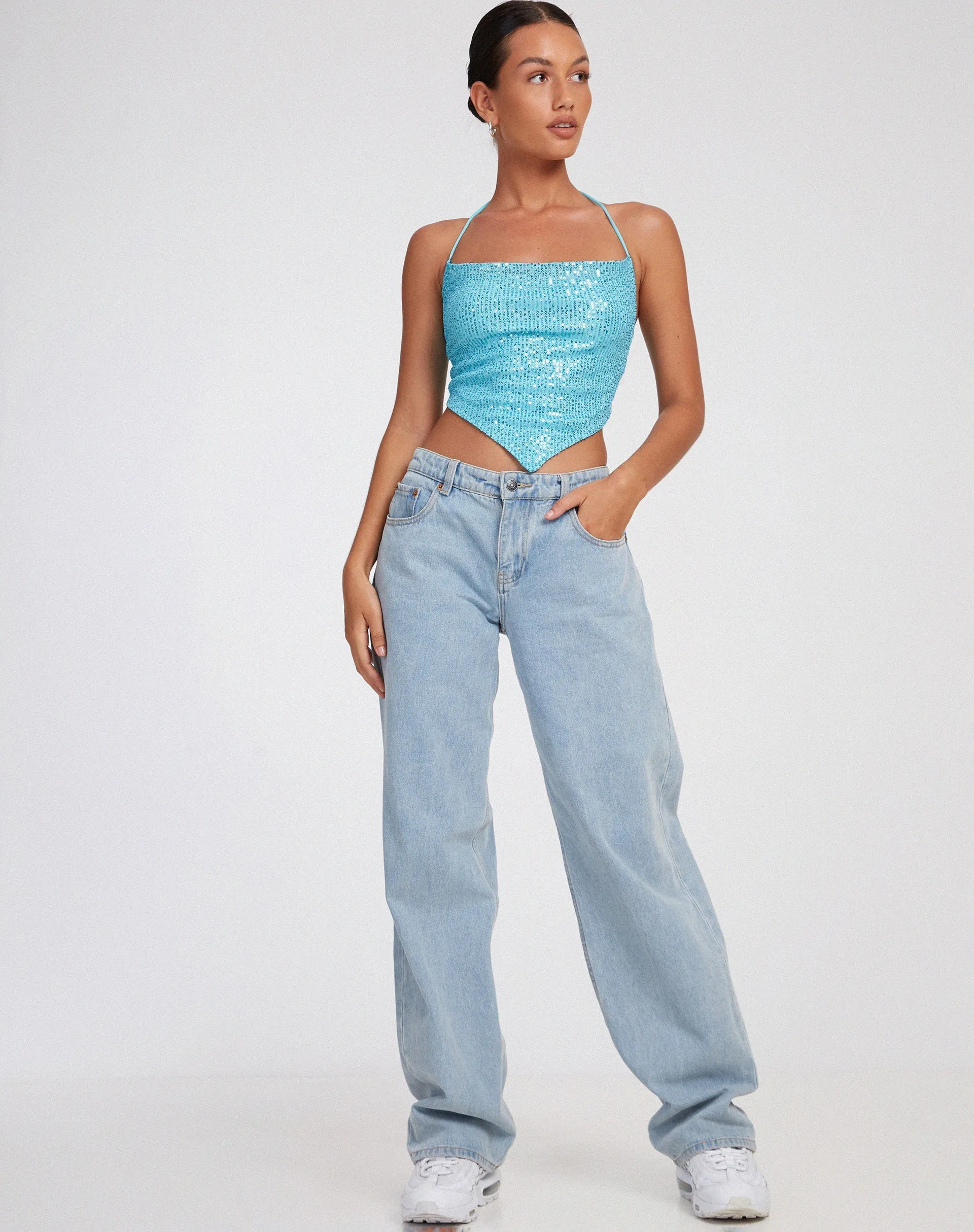 Ketida Crop Top in Drape Sequin Blue