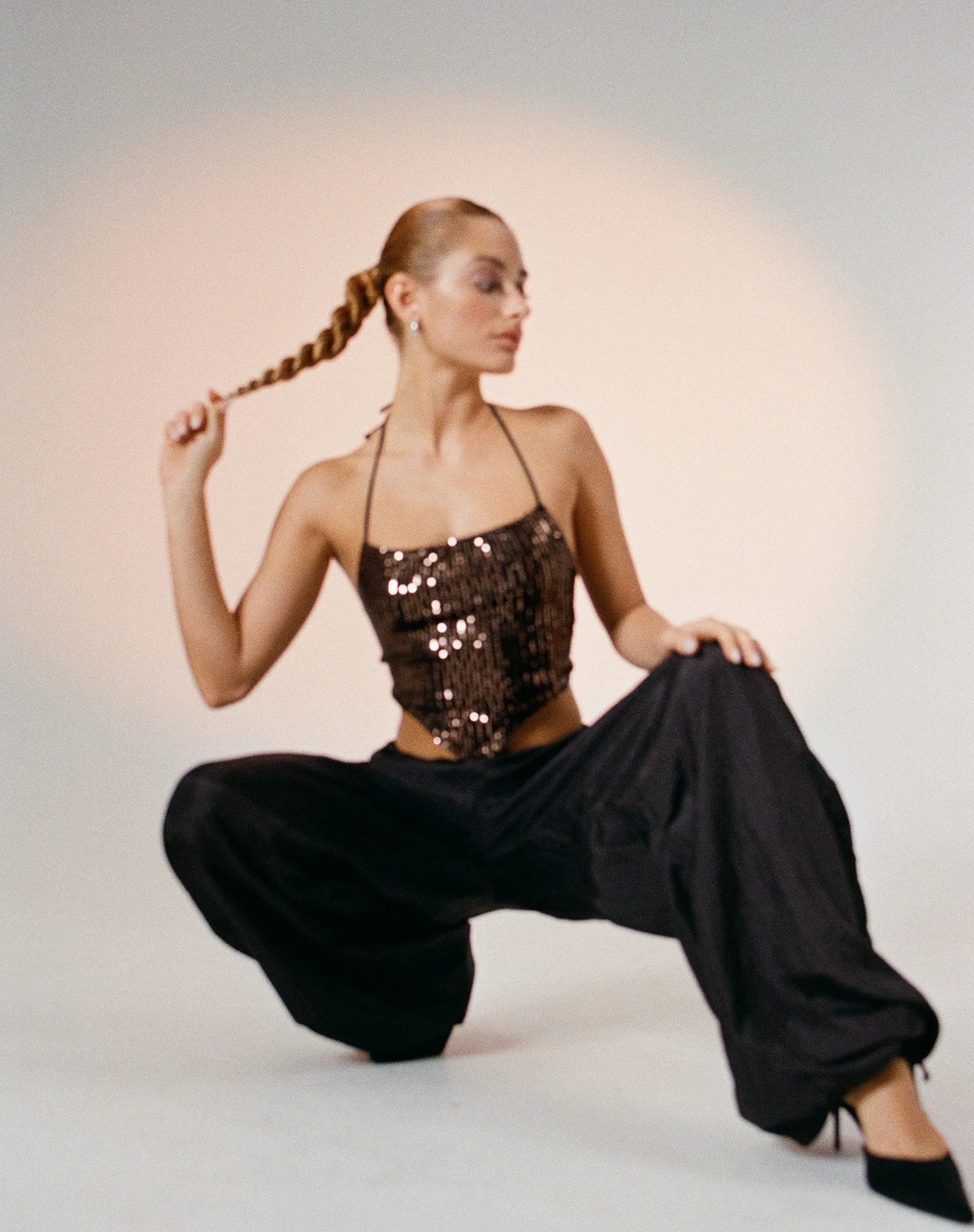 Ketida Crop Top in Drape Sequin Copper