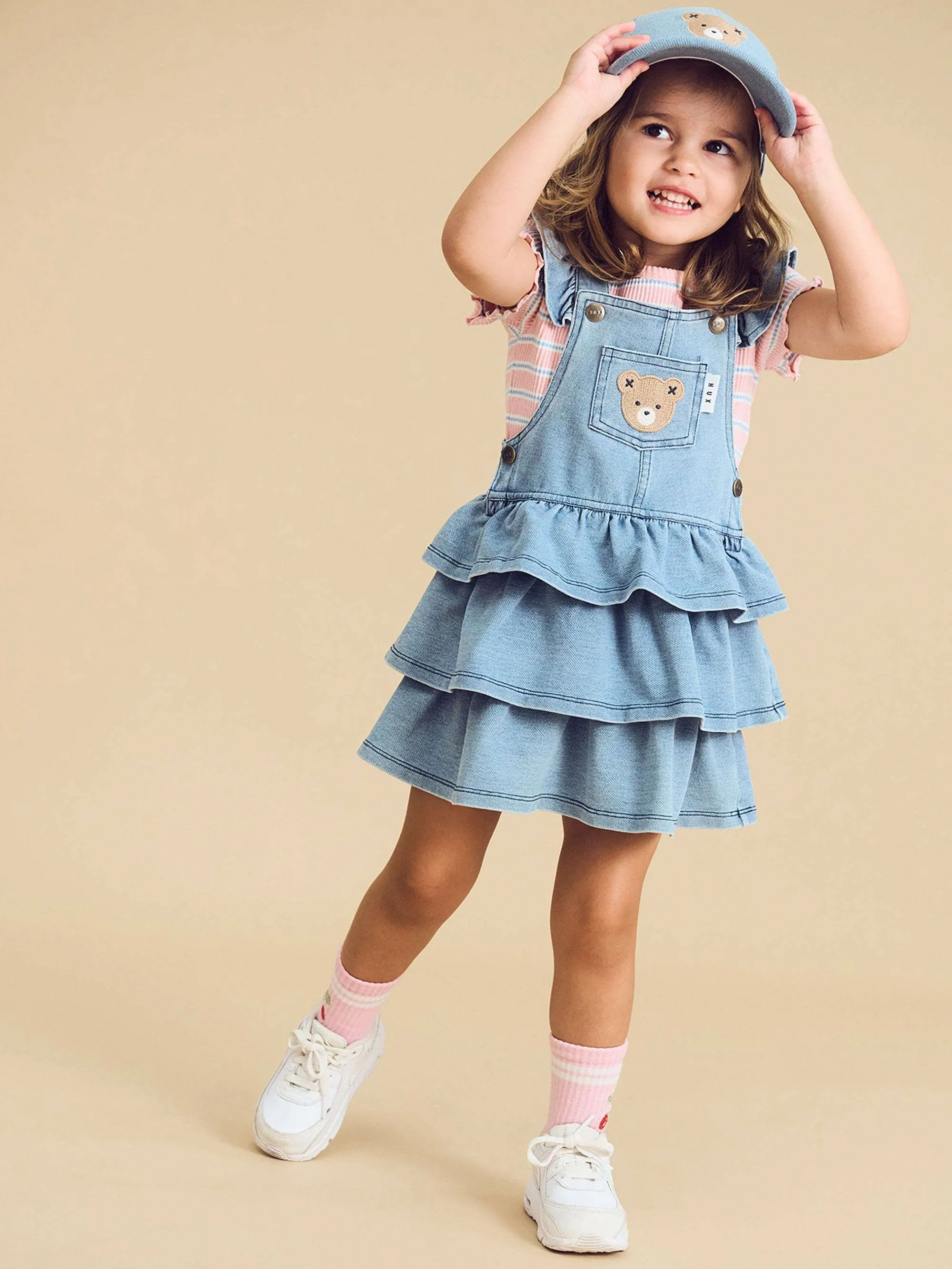 Knit denim frill pinafore