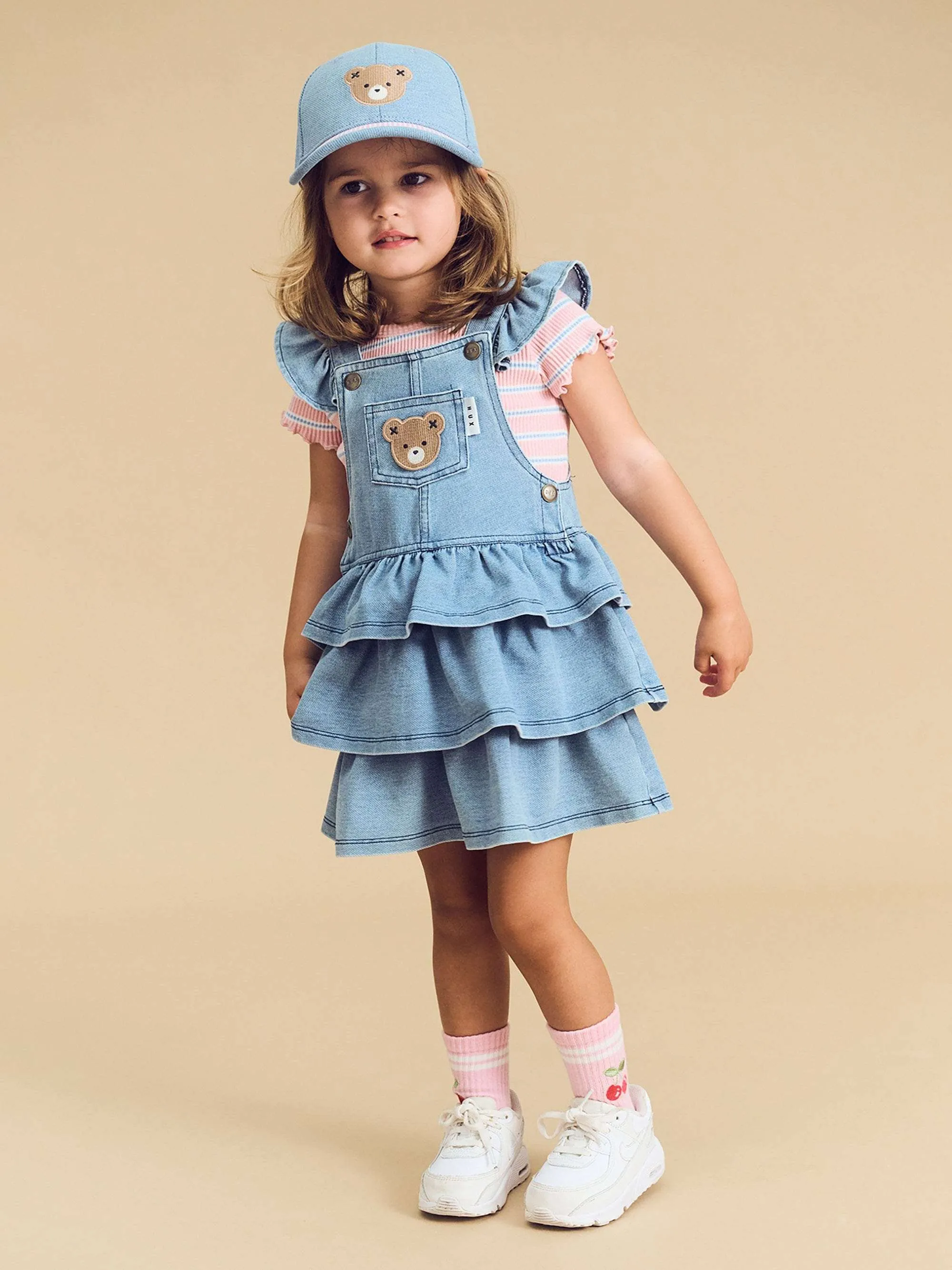 Knit denim frill pinafore