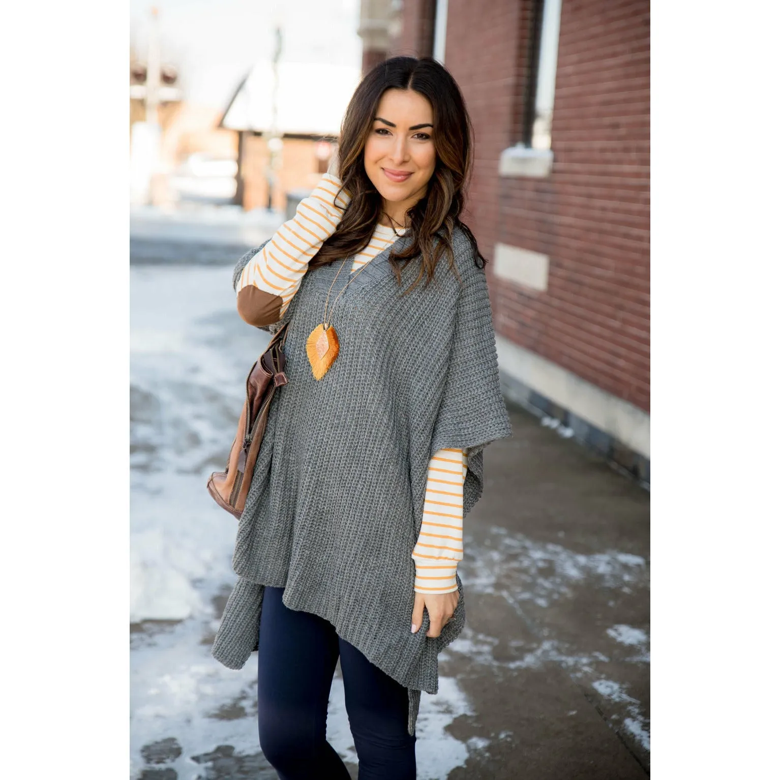 Knit V-Neck Pull Over Poncho