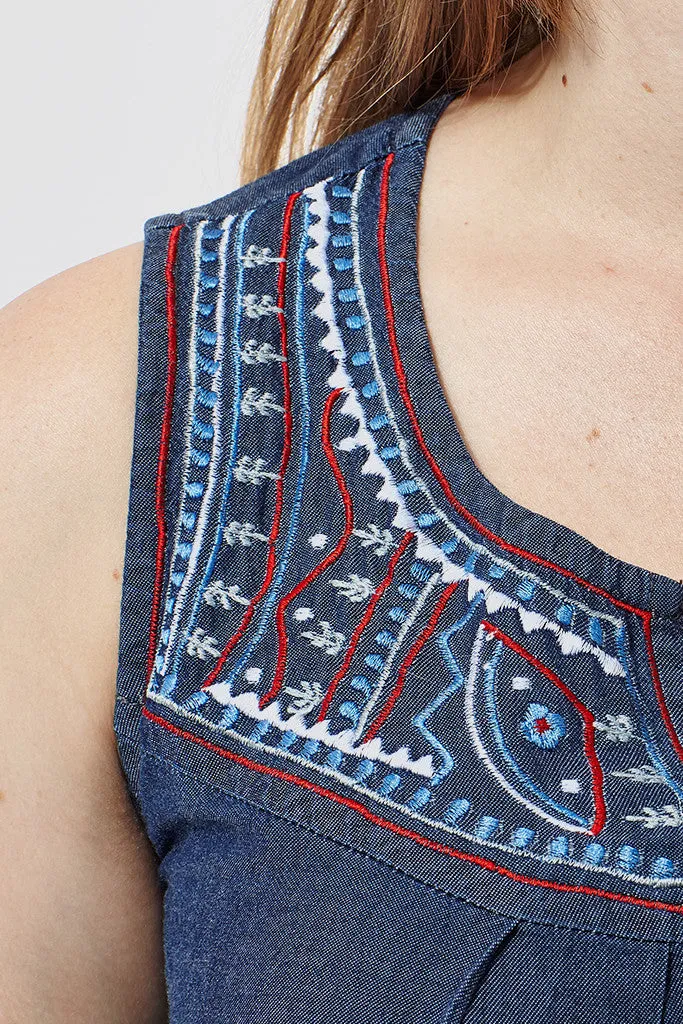 La Cera Sleeveless Embroidered Denim Dress