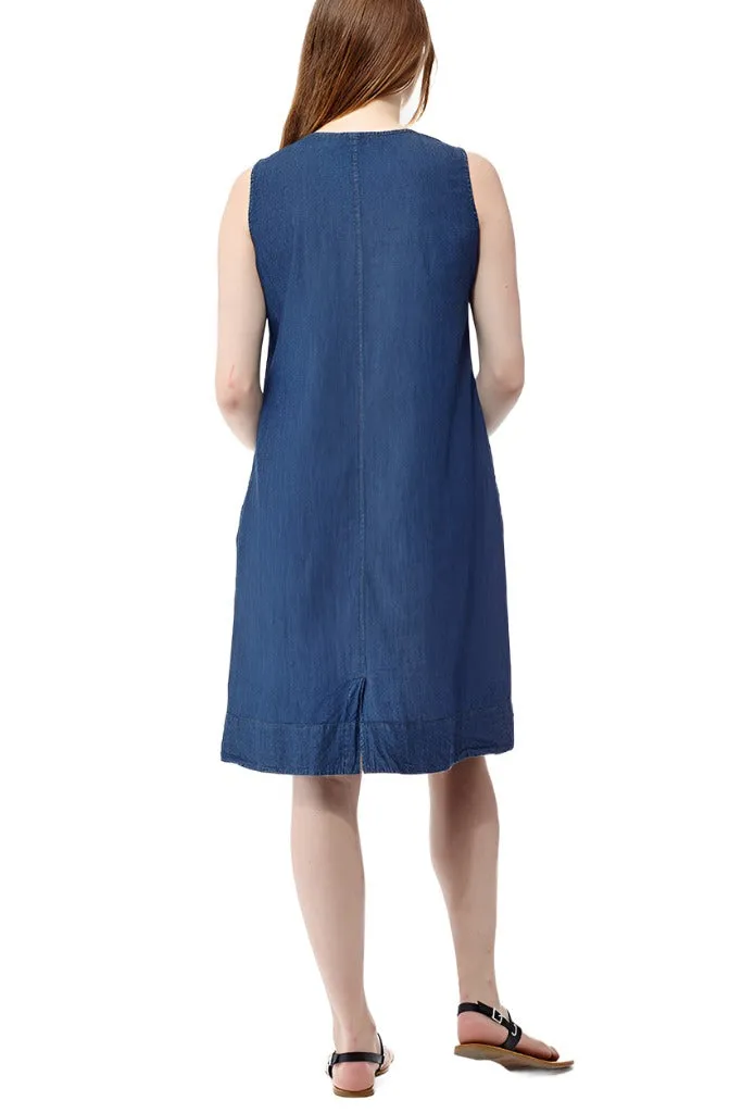 La Cera Sleeveless Embroidered Denim Dress