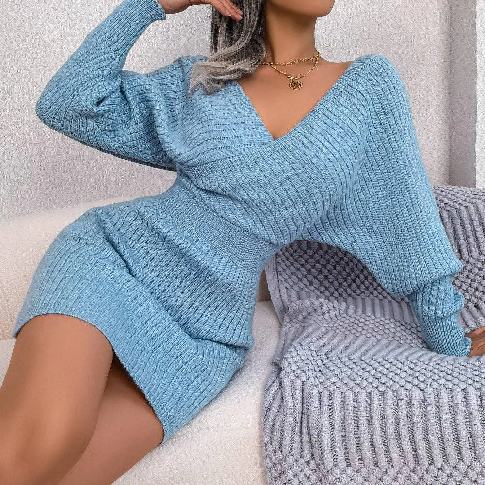 Ladies Batwing Sleeves V-Neck Knit Dress 2078