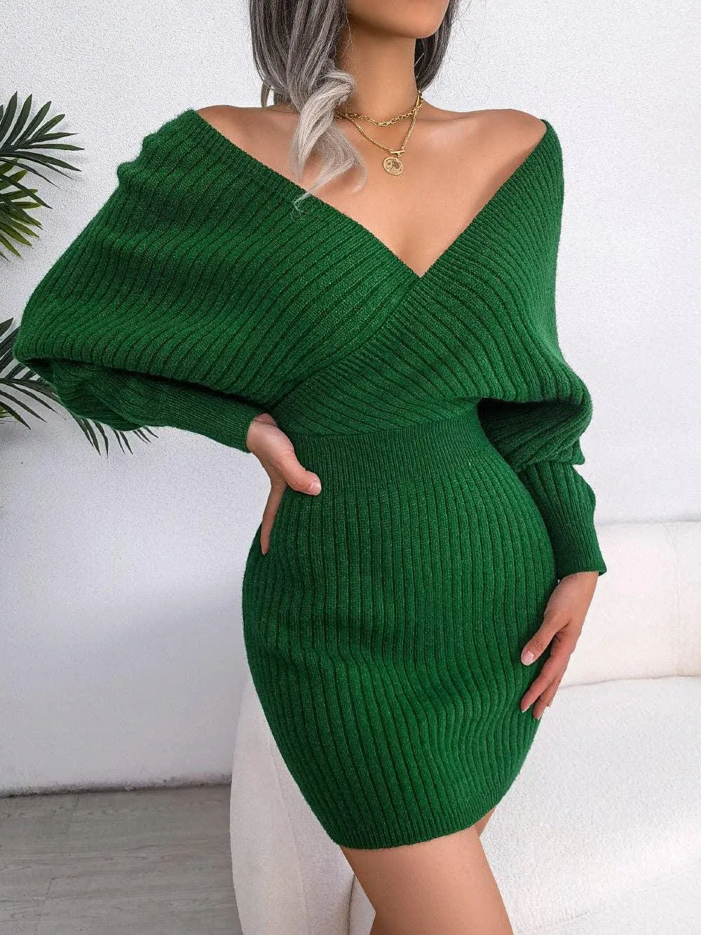 Ladies Batwing Sleeves V-Neck Knit Dress 2078