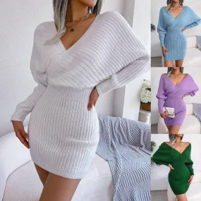 Ladies Batwing Sleeves V-Neck Knit Dress 2078