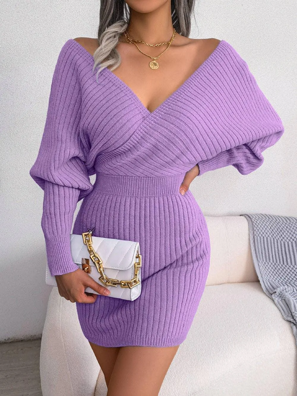 Ladies Batwing Sleeves V-Neck Knit Dress 2078