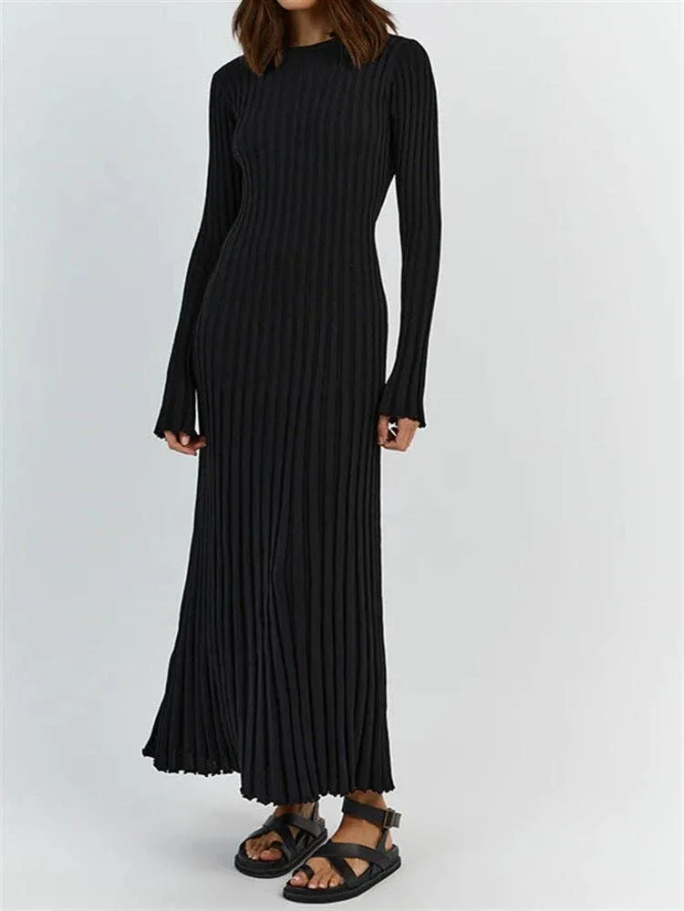 Ladies Round Neck Long Sleeves Knit Midi Dress FQD2007