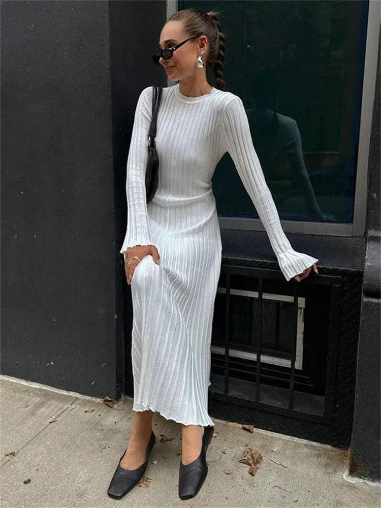 Ladies Round Neck Long Sleeves Knit Midi Dress FQD2007