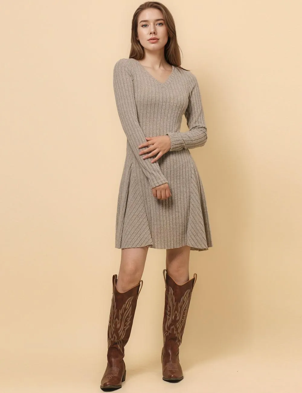 Ladies Solid Color V-neck Knit Ribbed Mini Dress SKD4768