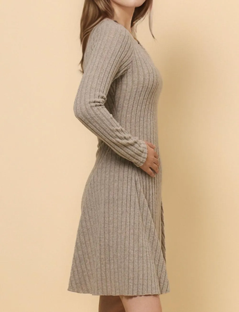 Ladies Solid Color V-neck Knit Ribbed Mini Dress SKD4768