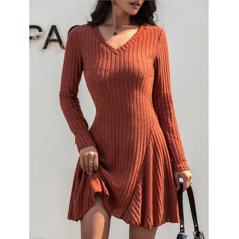 Ladies Solid Color V-neck Knit Ribbed Mini Dress SKD4768