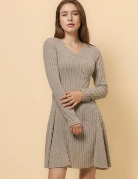 Ladies Solid Color V-neck Knit Ribbed Mini Dress SKD4768