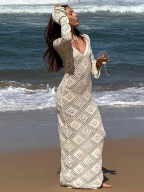 Ladies V-Neck Argyle Long Sleeves Knit Maxi Dress 5641