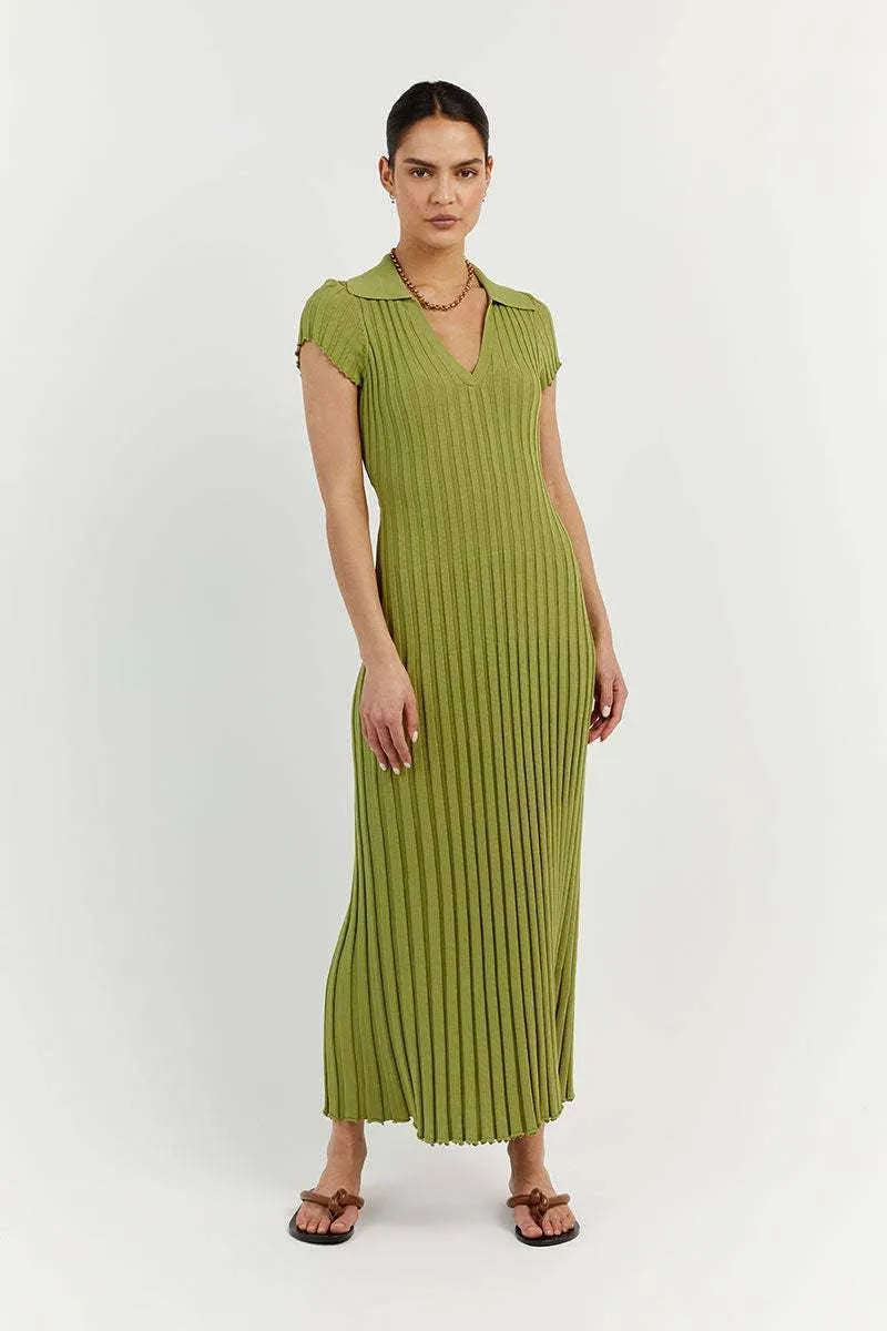 Ladies V-Neck Lapel Stripe Knit Midi Dress 1220