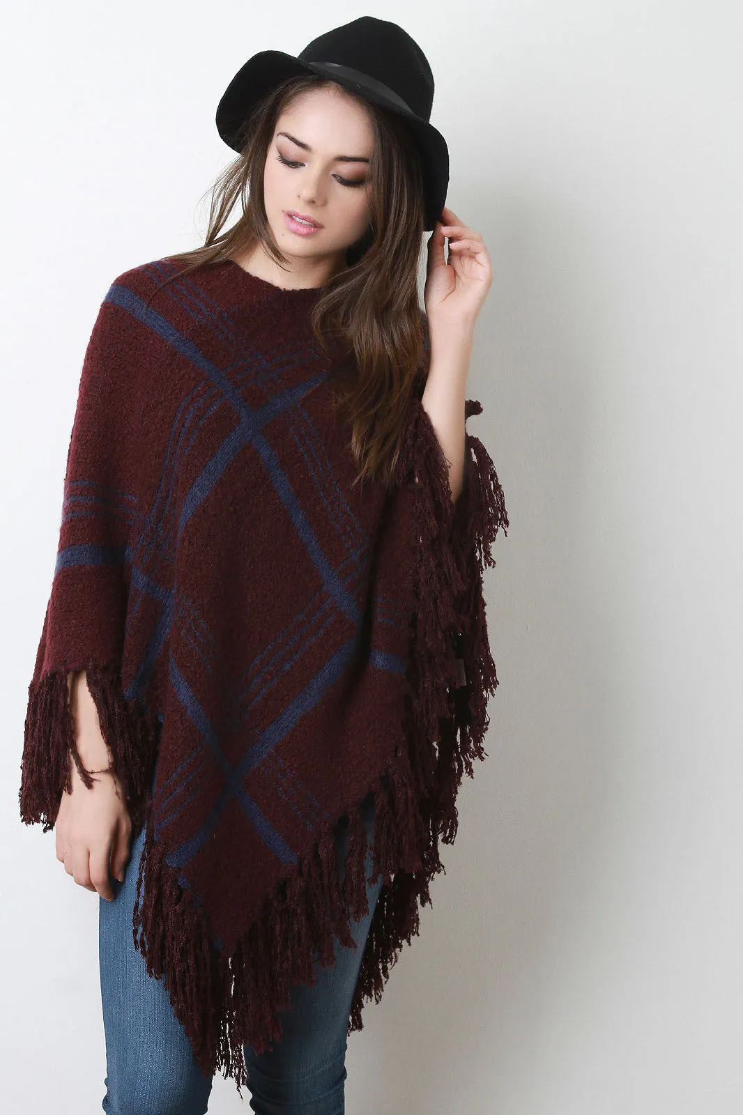 Large Grid V-Neck Poncho