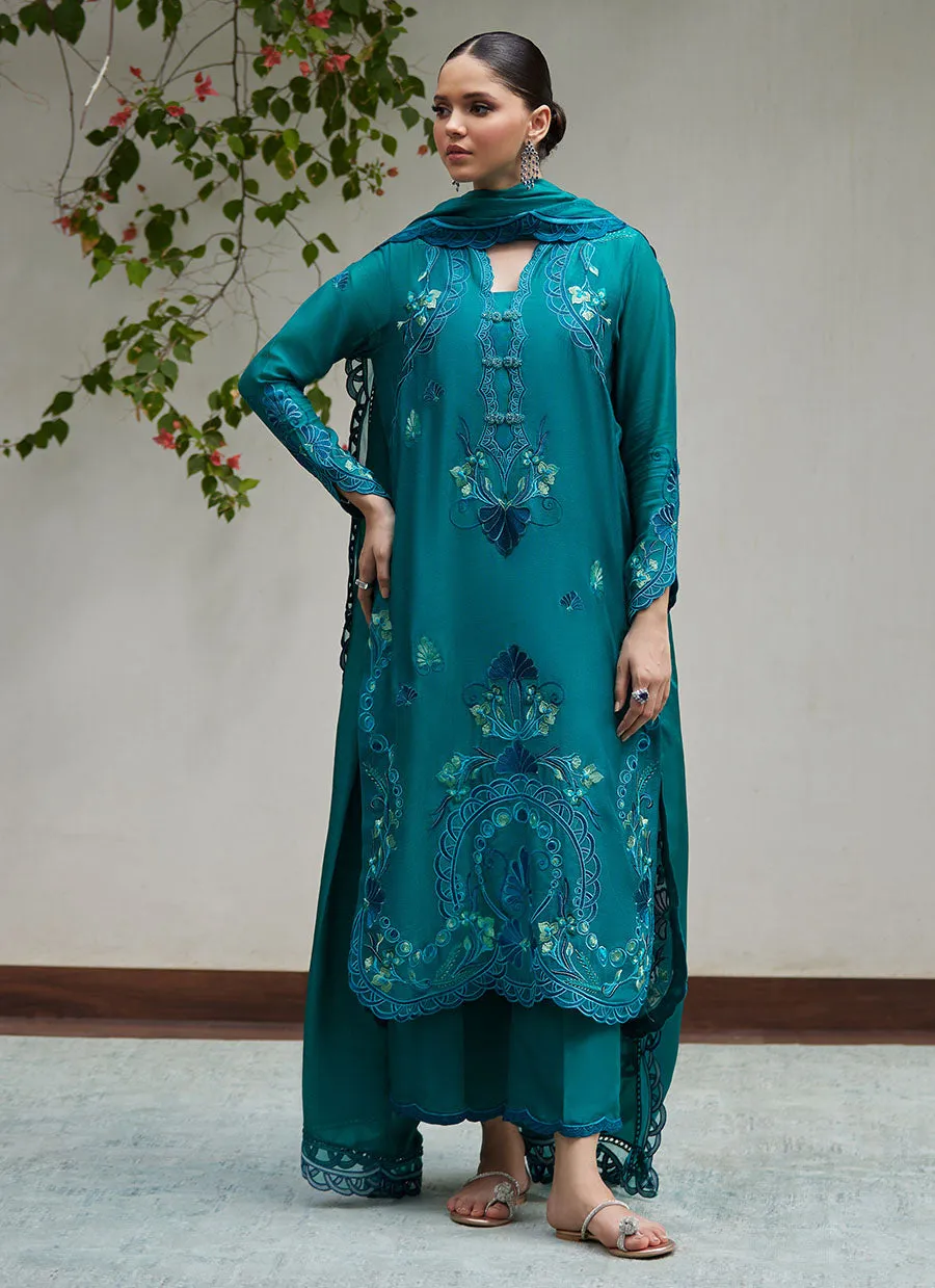 Leona Emerald Embroidered Cotton Net Shirt with Silk Dupatta