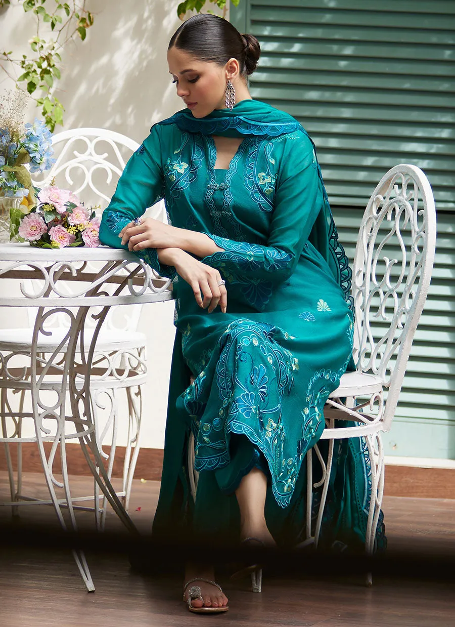 Leona Emerald Embroidered Cotton Net Shirt with Silk Dupatta