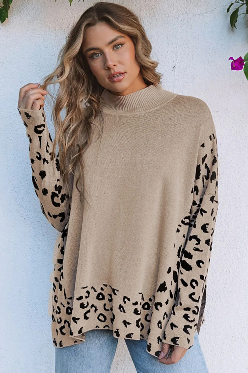 Leopard Poncho Style Sweater - Gray