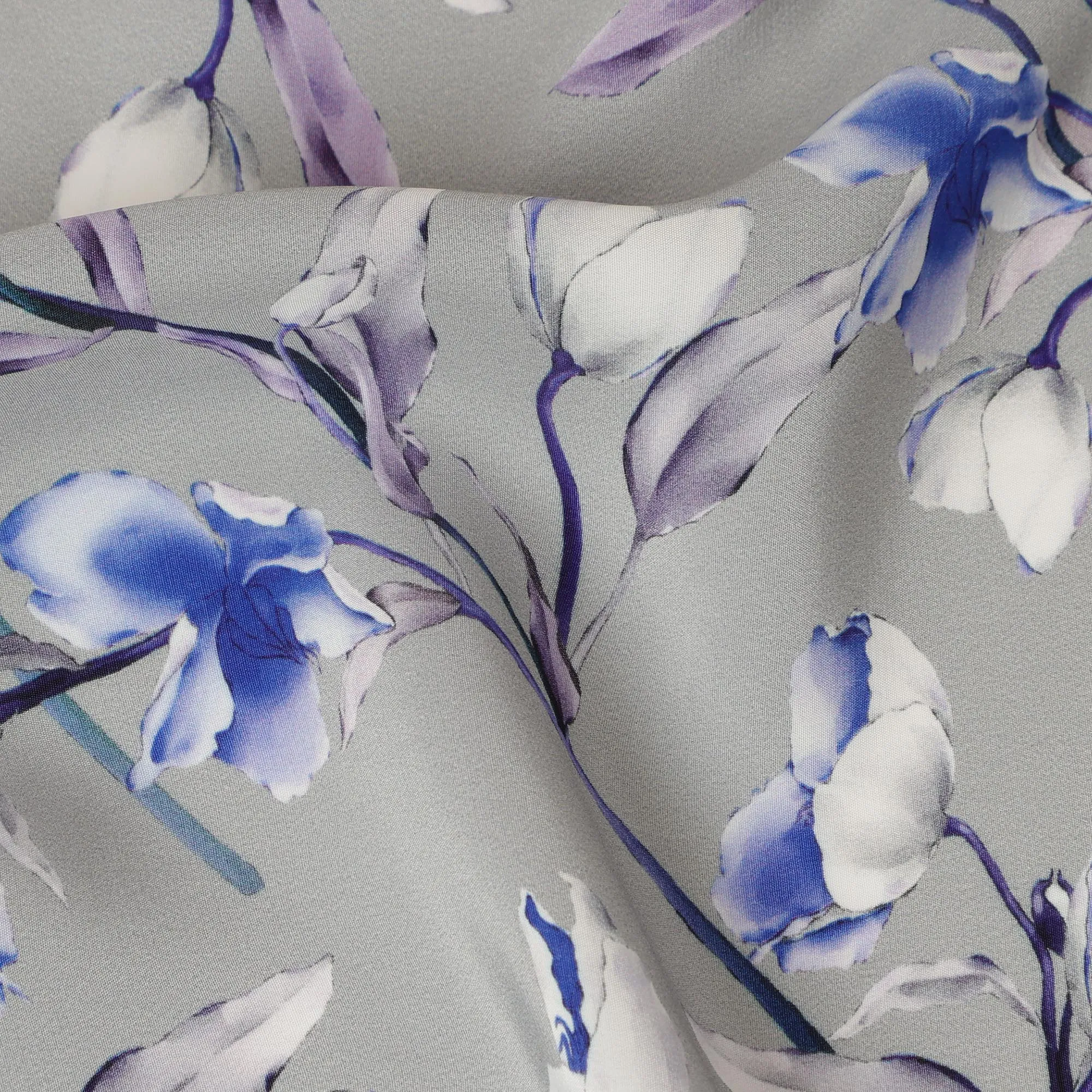 Light Grey Viscose Fabric with Blue and Purple Floral Digital Print, 110 cm Width-D20633