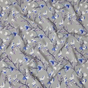 Light Grey Viscose Fabric with Blue and Purple Floral Digital Print, 110 cm Width-D20633