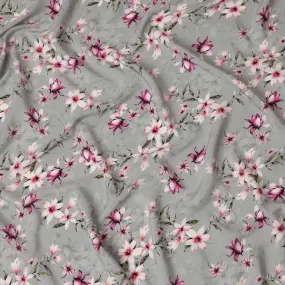 Light Grey Viscose Fabric with Pink and White Floral Digital Print, 110 cm Width-D20638