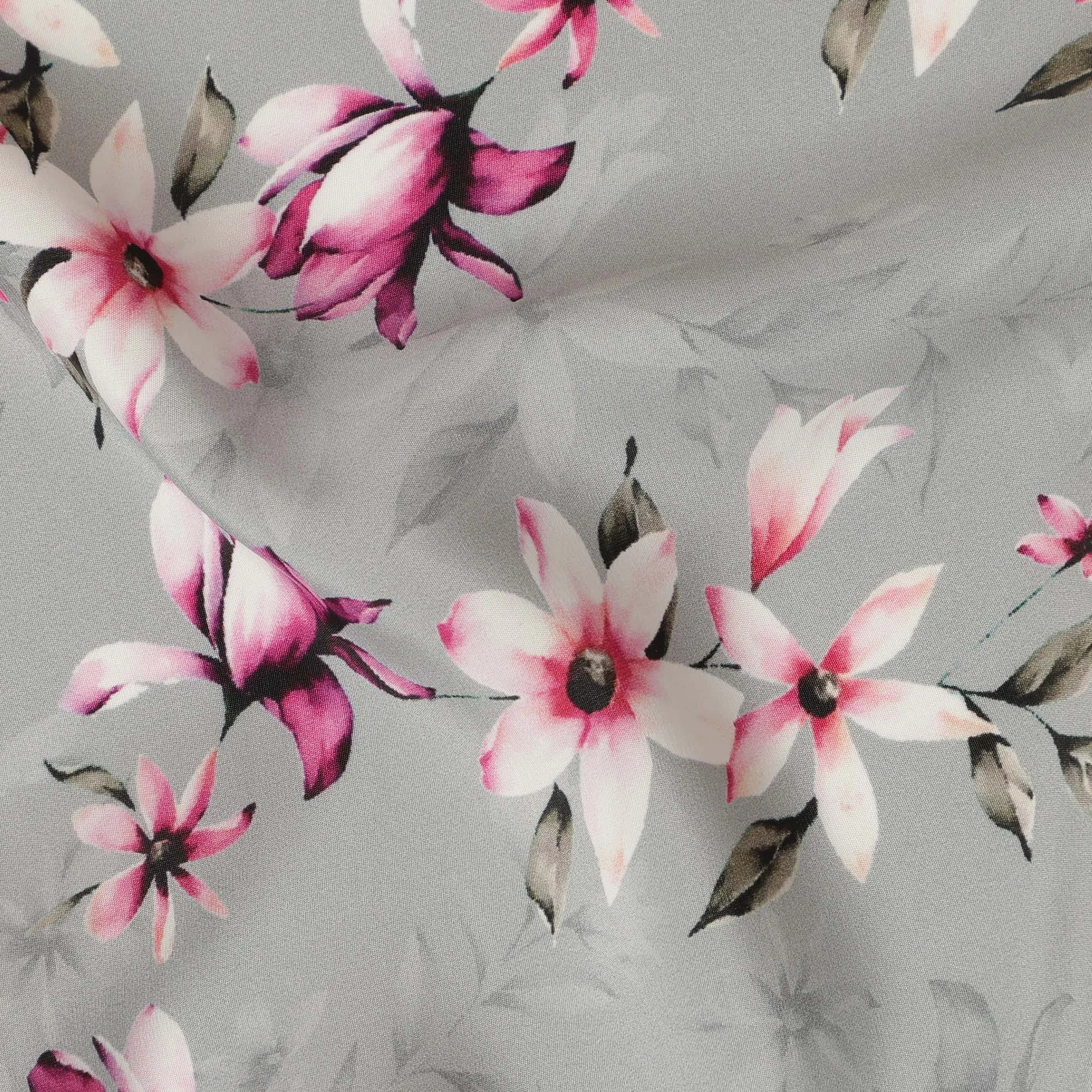 Light Grey Viscose Fabric with Pink and White Floral Digital Print, 110 cm Width-D20638