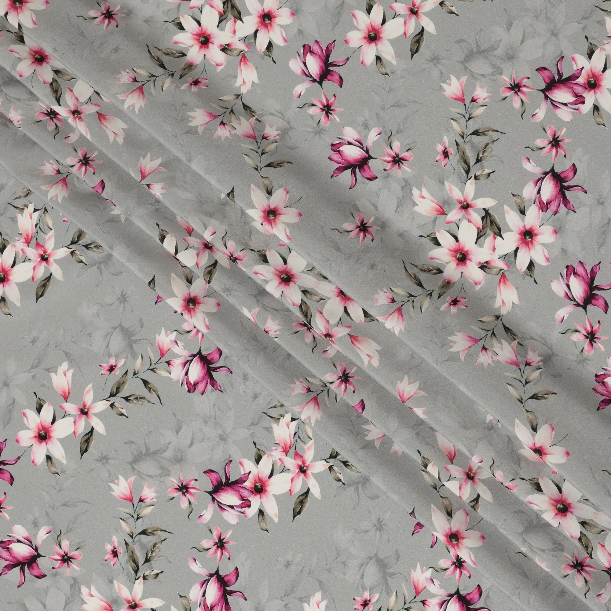 Light Grey Viscose Fabric with Pink and White Floral Digital Print, 110 cm Width-D20638