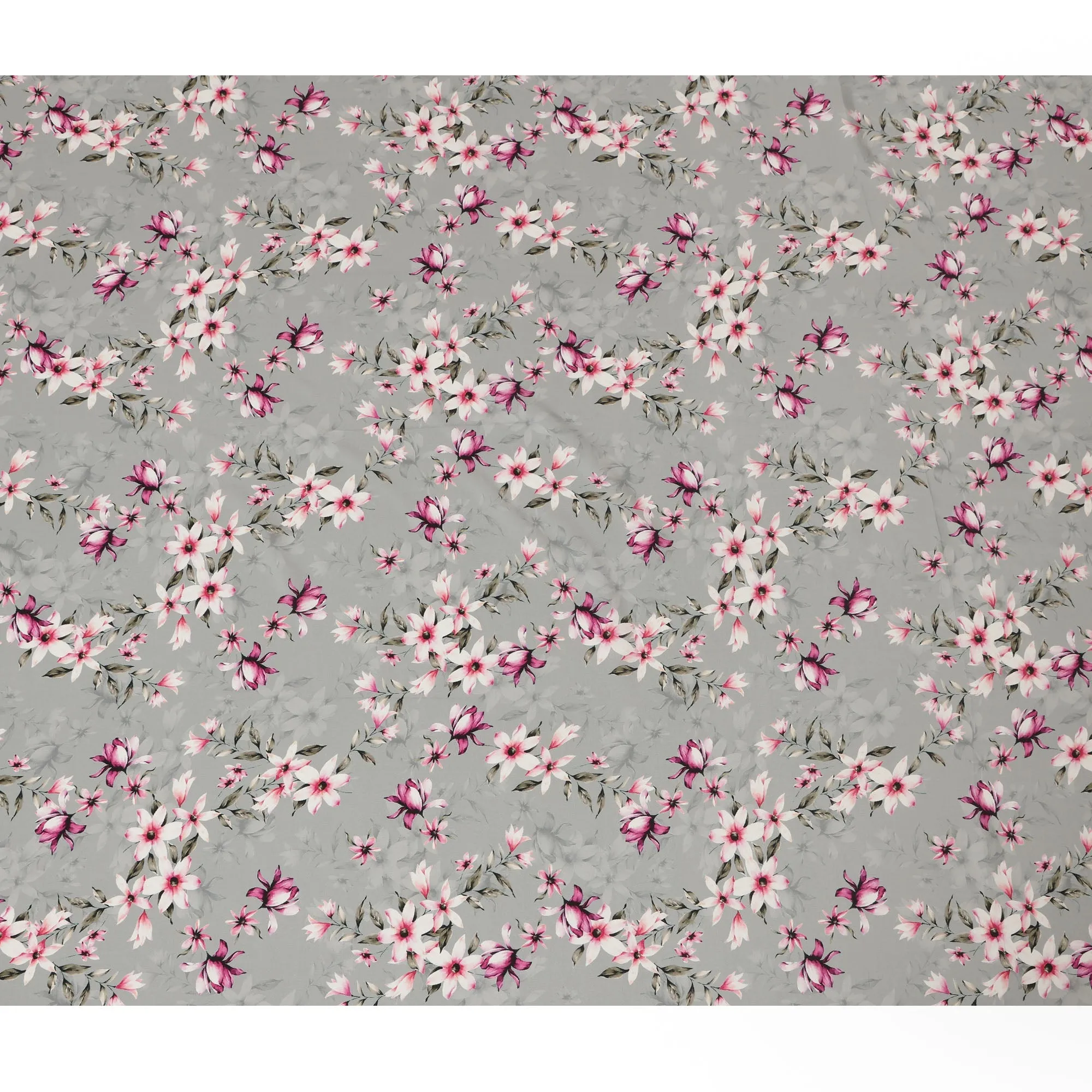 Light Grey Viscose Fabric with Pink and White Floral Digital Print, 110 cm Width-D20638