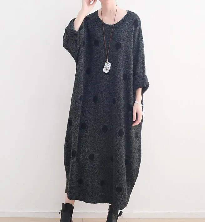 Loose Dot High Collar Knit Long Women Dresses AMT962328