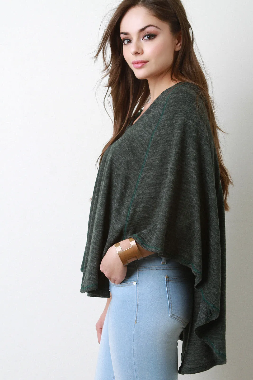 Marled Soft Knit Round Hem Hooded Poncho