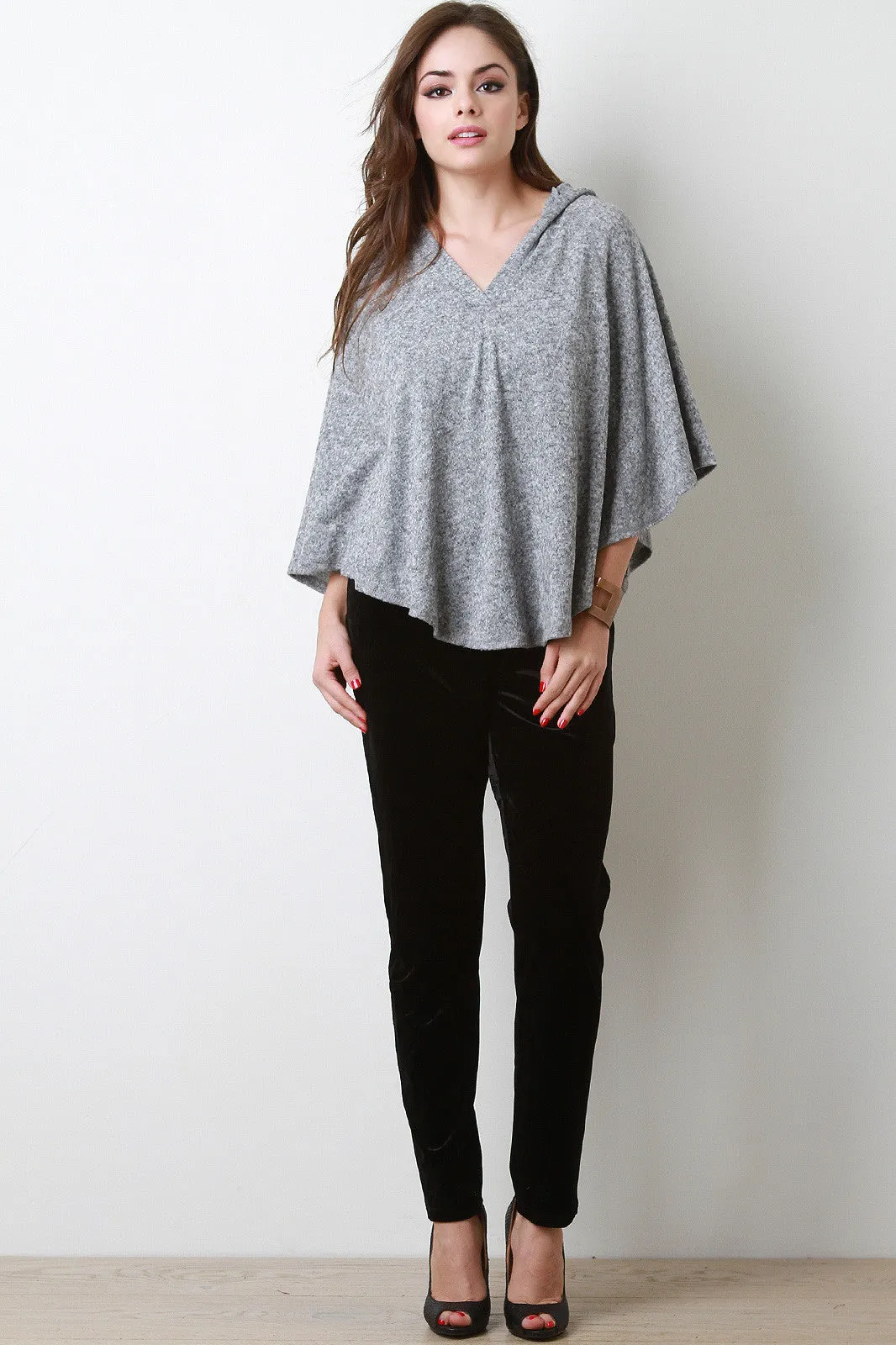 Marled Soft Knit Round Hem Hooded Poncho